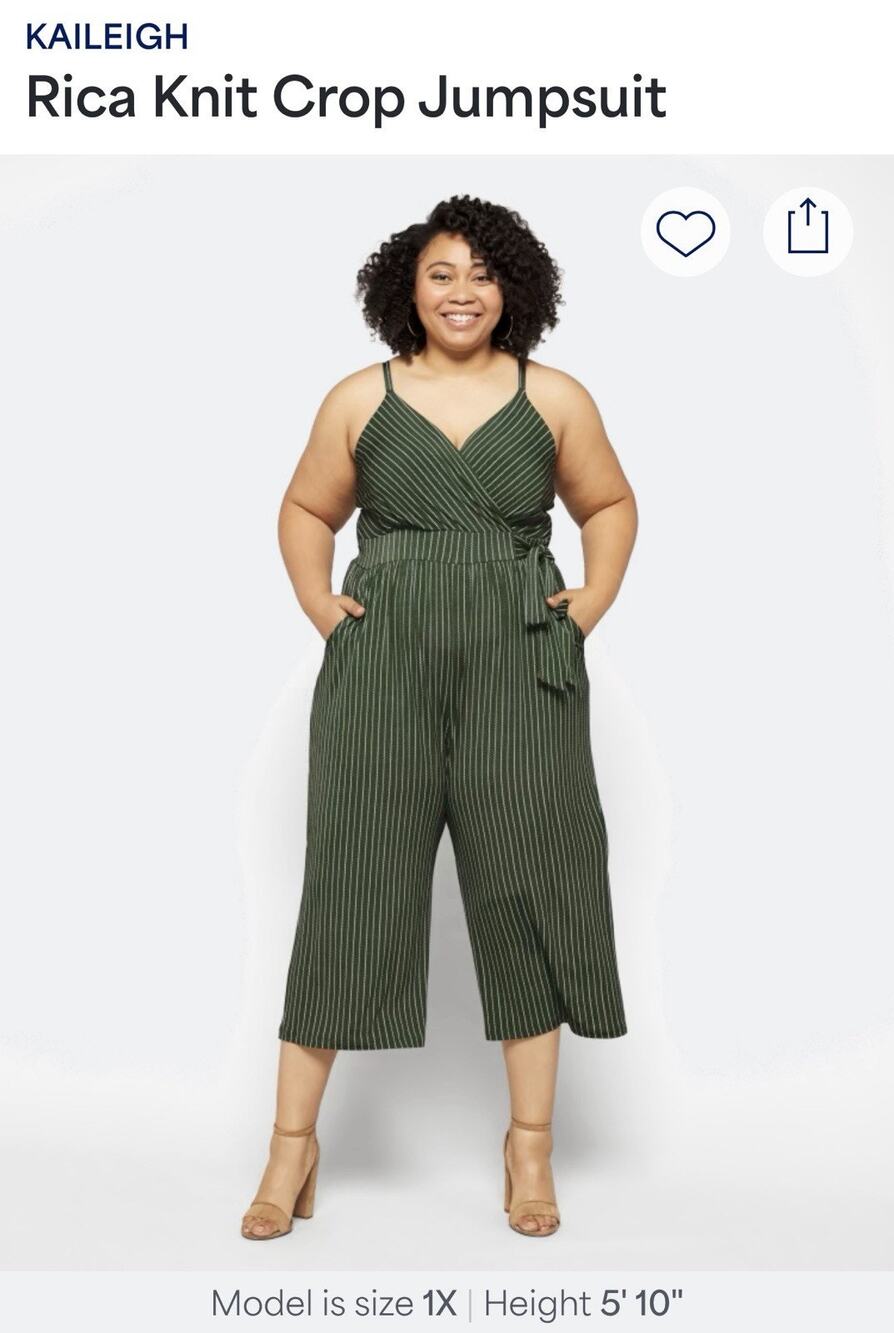 Kaileigh Rica Knit Crop Jumpsuit Green/White Stripe Tie Waist V-Neck 2X
